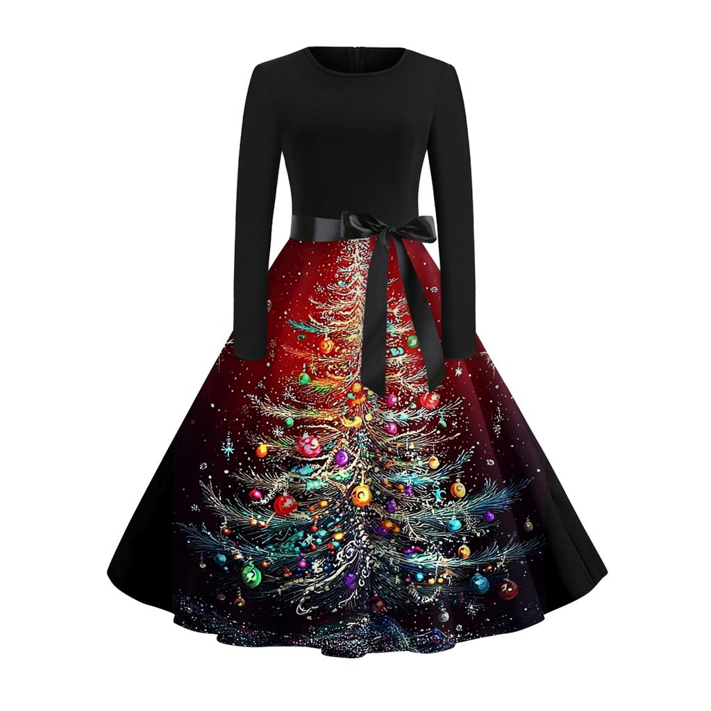 Women's Fashionable And Elegant  Winter Long-sleeved Christmas Tree Print Dress