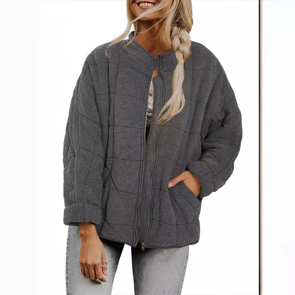 Women's Stand Collar Long Sleeve Jacket Oversized Casual Polyester Quilted Coat Solid Color Pocket Padded Outerwear
