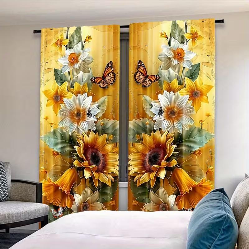 2 Pcs Sunflower butterfly print curtains  suitable for bedroom  living room kitchen decoration  home decoration  window decoration