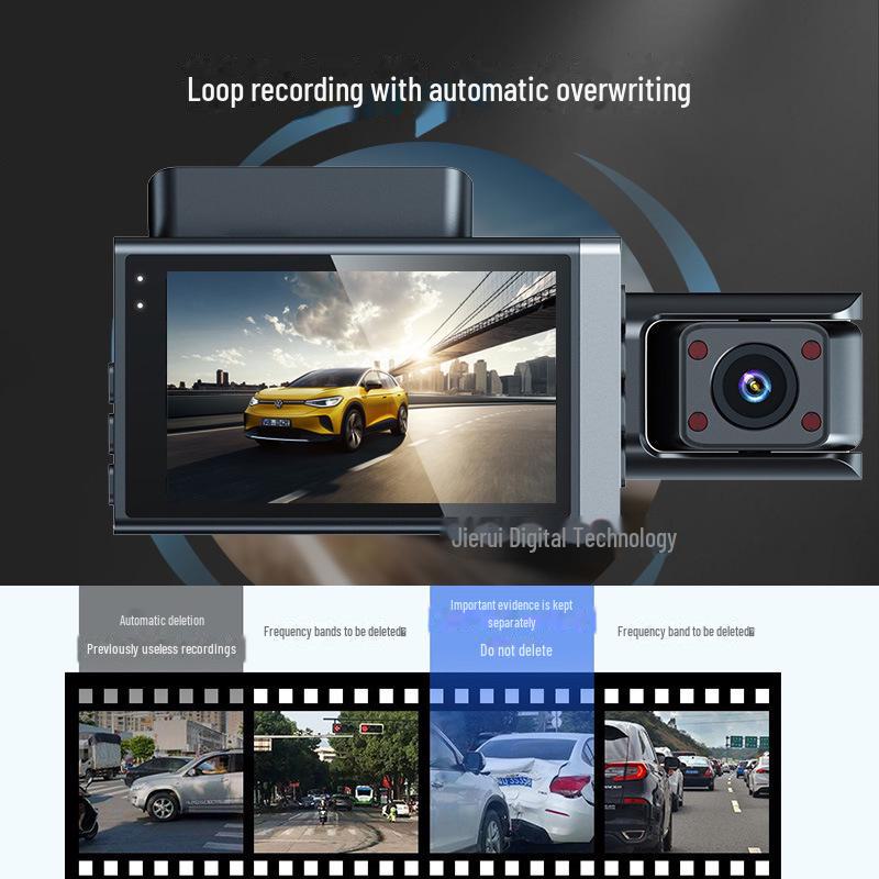 Dash Cam WiFi HD da 3 pollici con visione notturna e tripla lente per registrazione anteriore, interna e posteriore