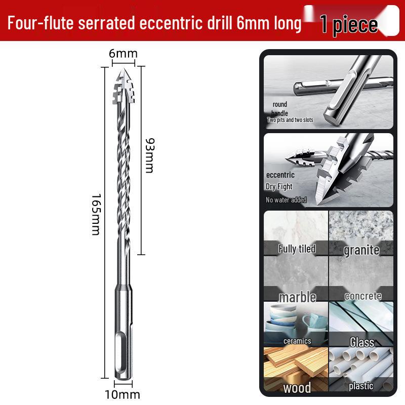 Extra Long Round Shank Serrated Eccentric Drill Bit – Four-Flute, Two Grooves for Concrete & Tile Drilling