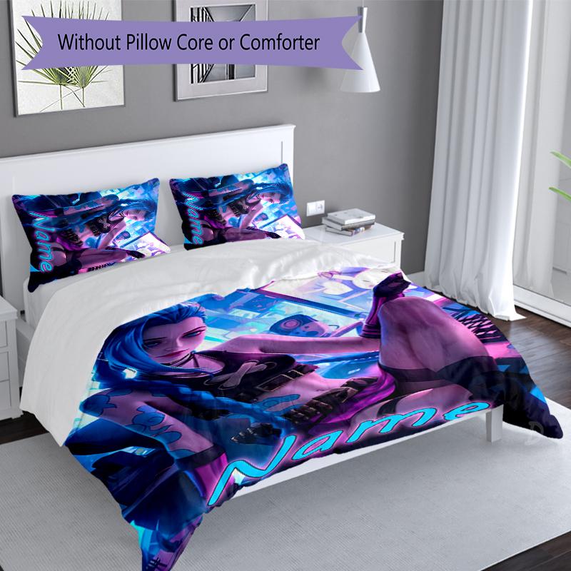 3pcs Custom Name League of Legends Jinx Set,Includes 1 Duvet Cover and 2 Pillowcases,All-season Bedroom Decor