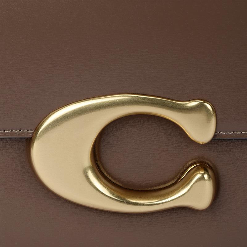 Coach IDOL 21 Gold Logo Logo Chain Magnetic Buckle Closure Flap Cow Leather Messenger Bag Hand Shoulder Bag Small Size Women's Dark Stone Gray