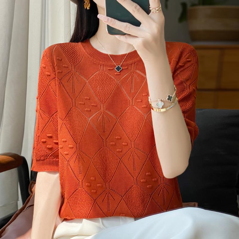 Women Knit T-shirt Summer Knitted Shirt Short Sleeve Tees O-neck Pullover Knit Tops Female