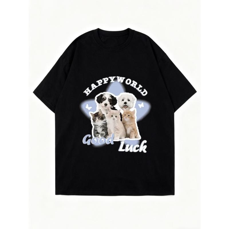 Oversized T Shirt Black Happy World Good Luck Cute Dogs And Cats Print Casual Everyday Wear