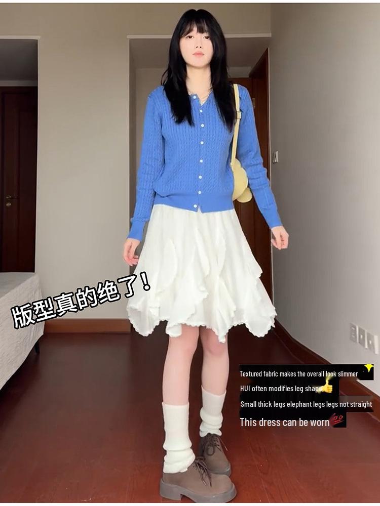 Women's White Irregular High-Waist A-Line Cake Skirt, Summer 2026, Petite Slimming Design