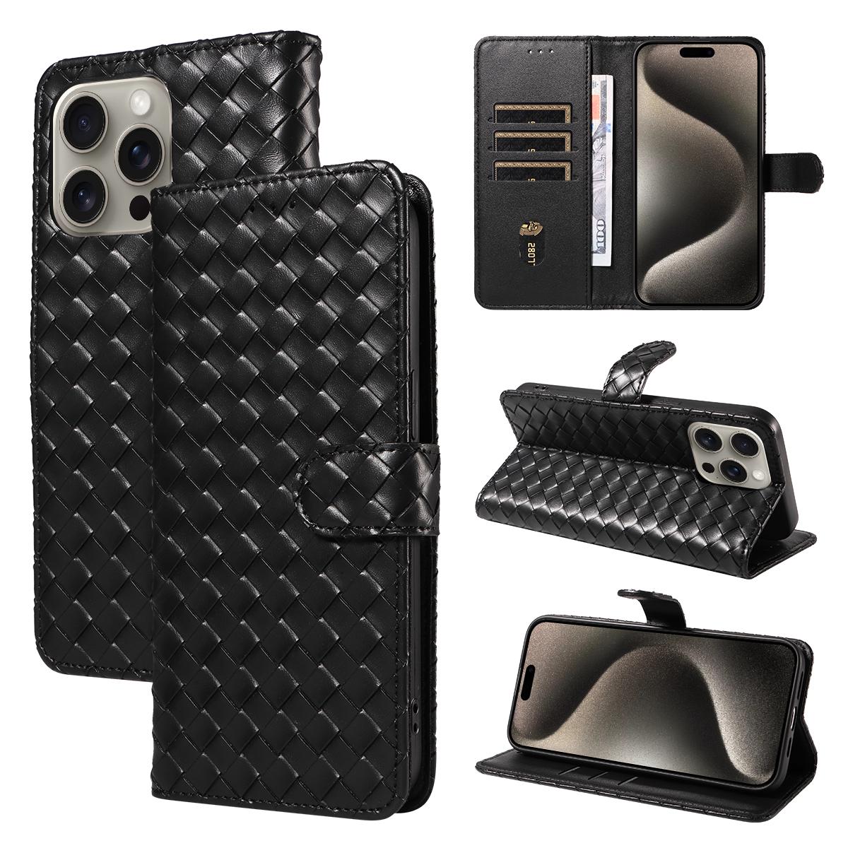 

For IPhone16 15 Pro Max 14 13 12 11 Pro Max Plus 16e Faux Leather Woven Pattern Flip Phone Case Anti-Fall with Card Slots Cover Artificial leather&iPhone 16 Pro Max чёрный