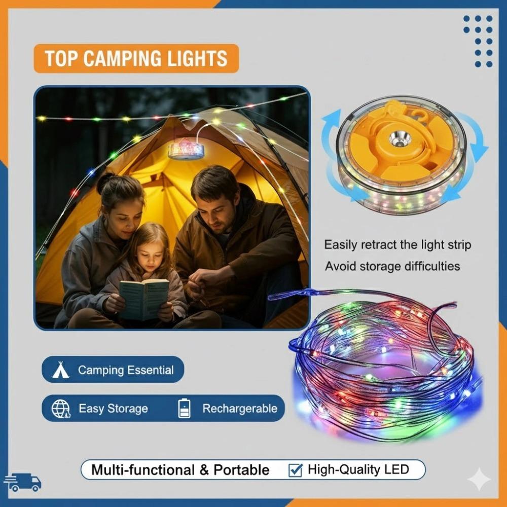 Rechargeable LED Reel String Lights Camping Lights Outdoor Camping Lamp LED Night Light For Garden Tent Room Decor