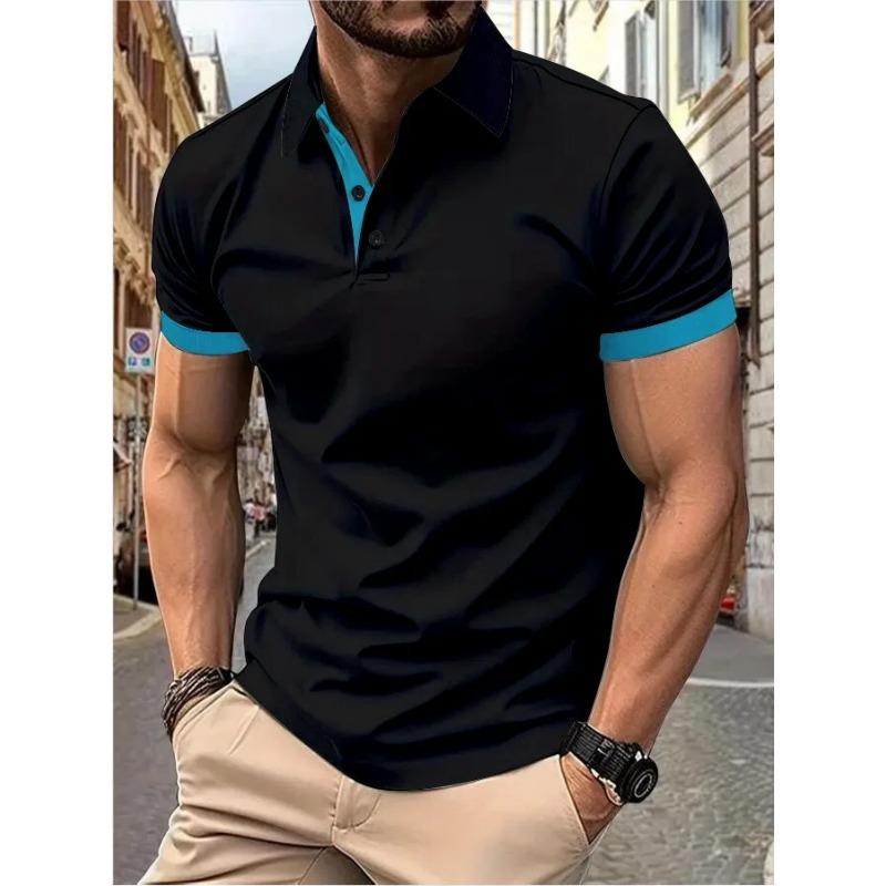 Men's Short Sleeve Color Matching Fashion with Men's Lapel Short Sleeve