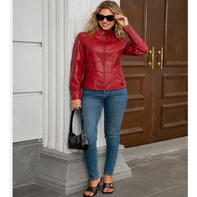 European Women's Slim Fit Leather Jacket Stand Collar Elegant Motorcycle Coat Plus Size