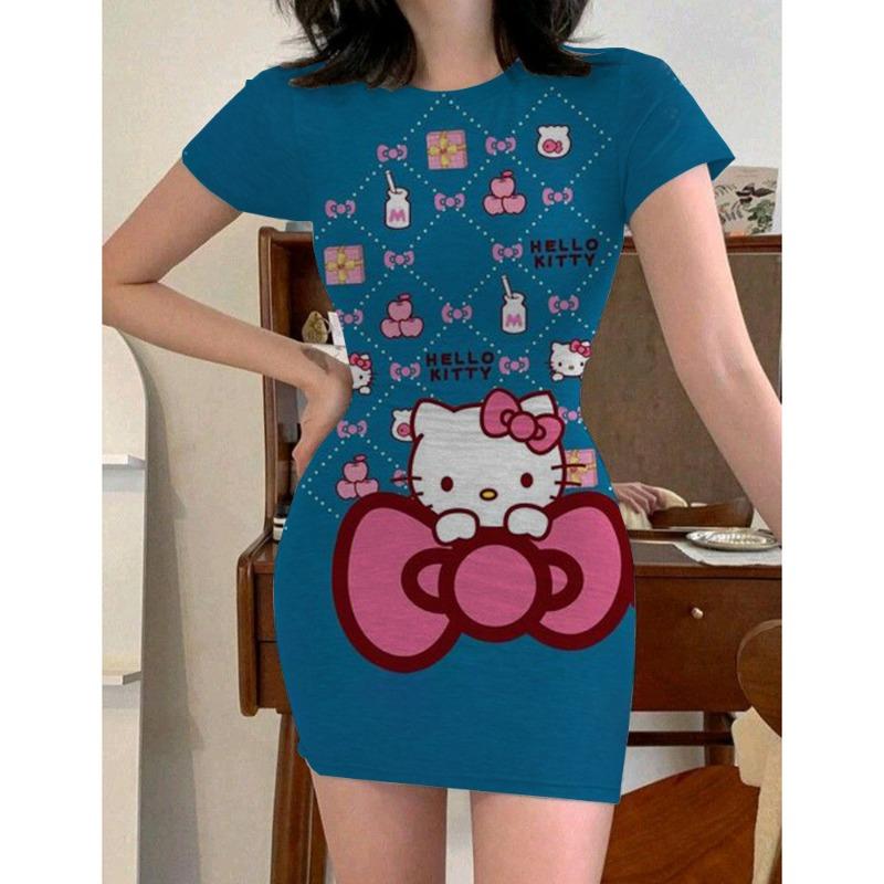 Y2k Fashion Women's 2024 Summer Sexy Tight Mini Dress Party Hello Kitty Printed Loose Short Dress
