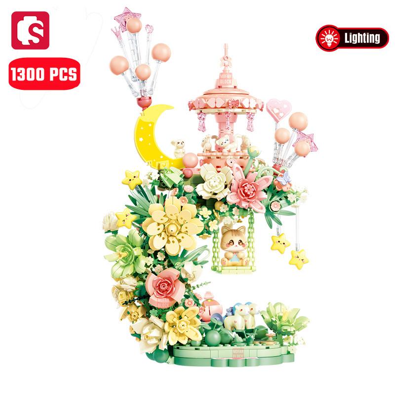 

1300pcs Dream Flowers Moon Music Box Including Lighting Building Blocks MY OWN CREATION Cat Miniature Blocks Home Decoration Girls Playthings Holiday no box