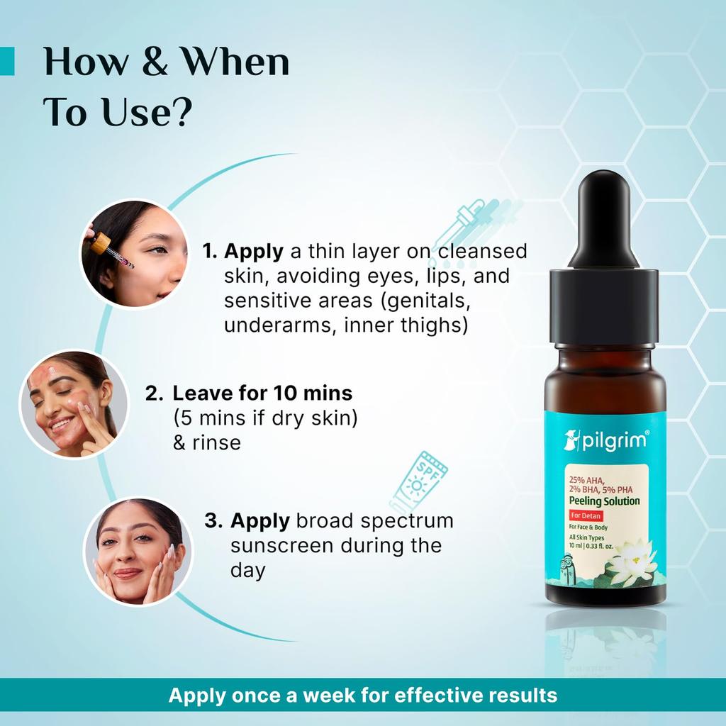 Pilgrim 25% AHA 2% BHA 5% PHA Peeling Solution 10 Ml For Face And Body Gentle Exfoliation Glow Even Tone Pore Care