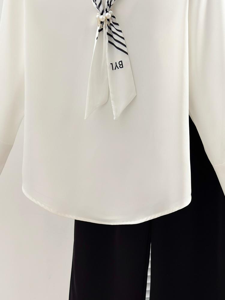 Women's Satin Long Sleeve Ribbon Shirt - French Chic 2025 Autumn Collection