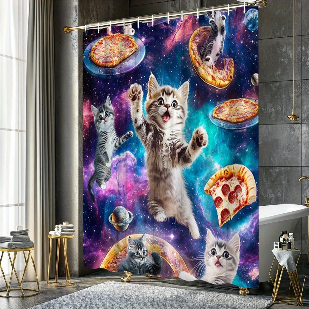 Transform Your Bathroom with a Waterproof Shower Curtain Featuring Adorable Cats and Pizza in Space for Fun and Style