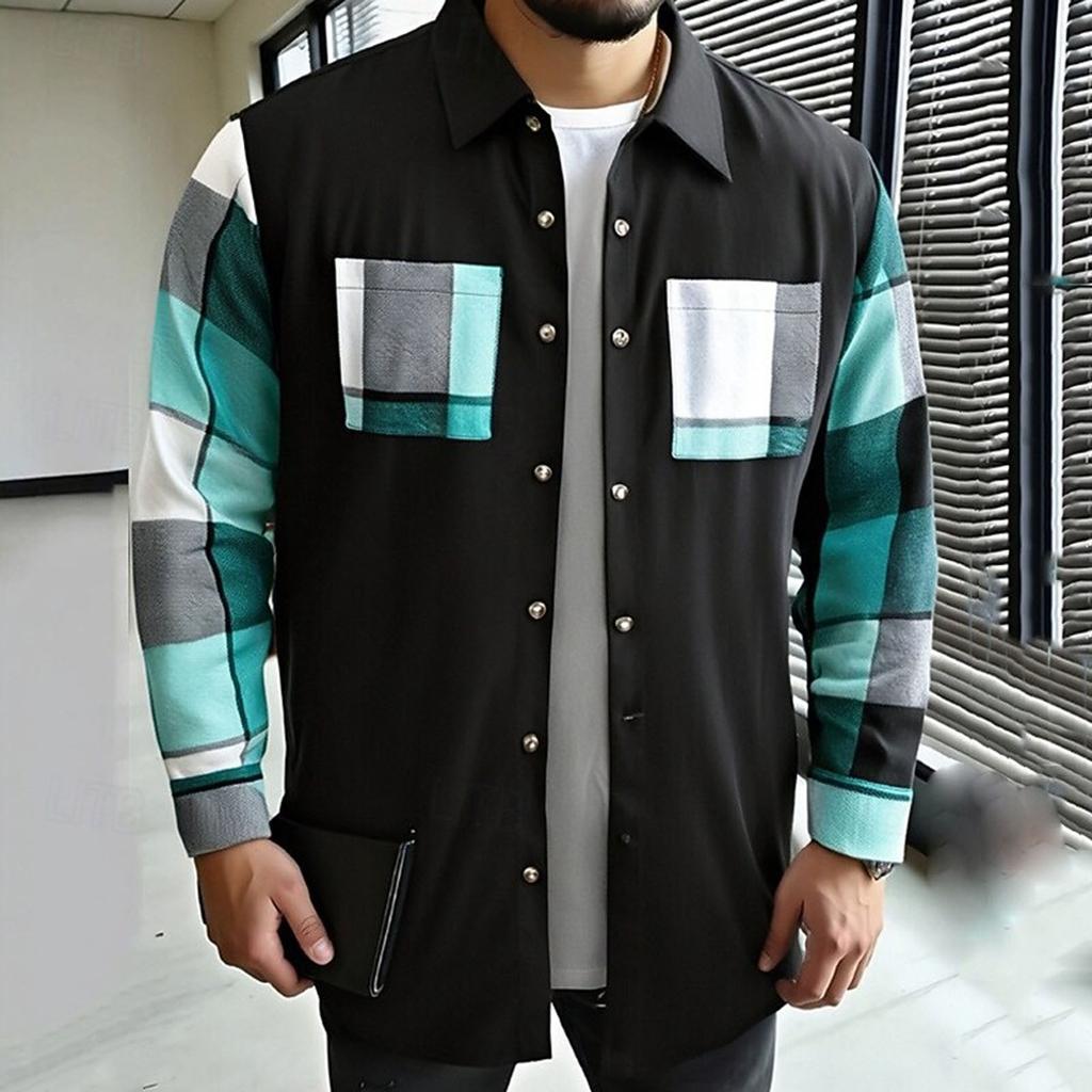 Men's Color-blocked Shirt Long Sleeve Men's Casual Fashion Trend With Pocket Shirt Jacket