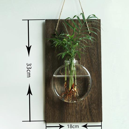 Yousheng Glass Wall Planter Hanging Vase with Wooden Board Oblate Flower Vase for Hydroponics Plants Flowers Home Office Decor