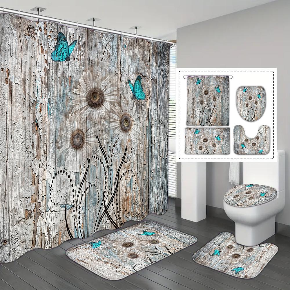 4-piece Set of Blue White Jade Orchid Waterproof Printed Shower Curtains with 12 Hooks, Bathroom Floor Mats