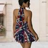 Women Plus Size Halter Neck Sleeveless Red Blue White Printed Layered Hem Faux Two Piece Open Back Mini Dress
