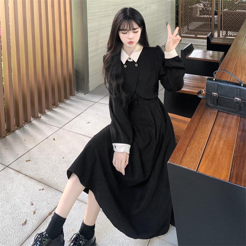 2025 Plus Size French Style Knee-Length Long-Sleeve Dress - Flattering Waist-Cinched Two-Piece Autumn/Winter Women's Apparel.
