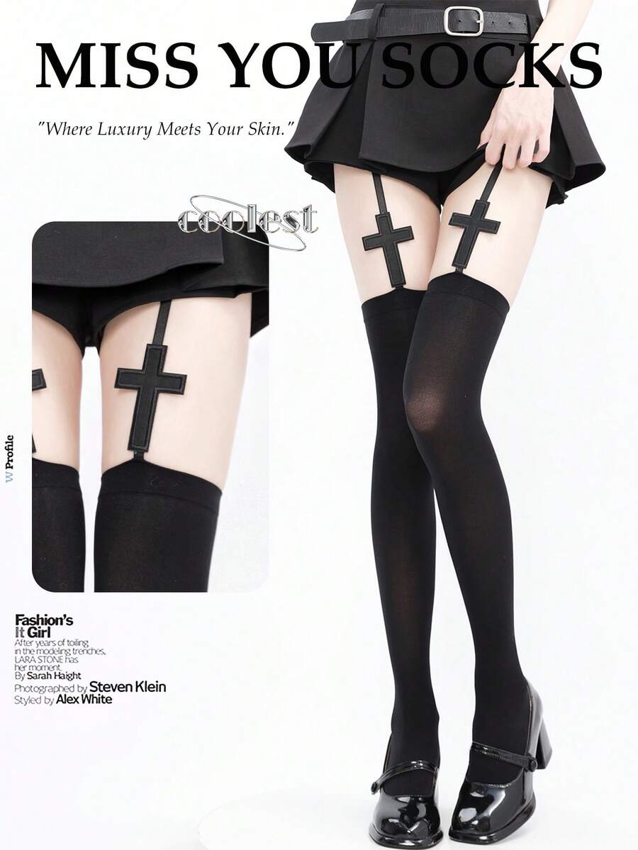 Y2K Punk Stil Hosenträger Oberschenkelhohe Strümpfe Enganliegend Uni Schwarz onesize black