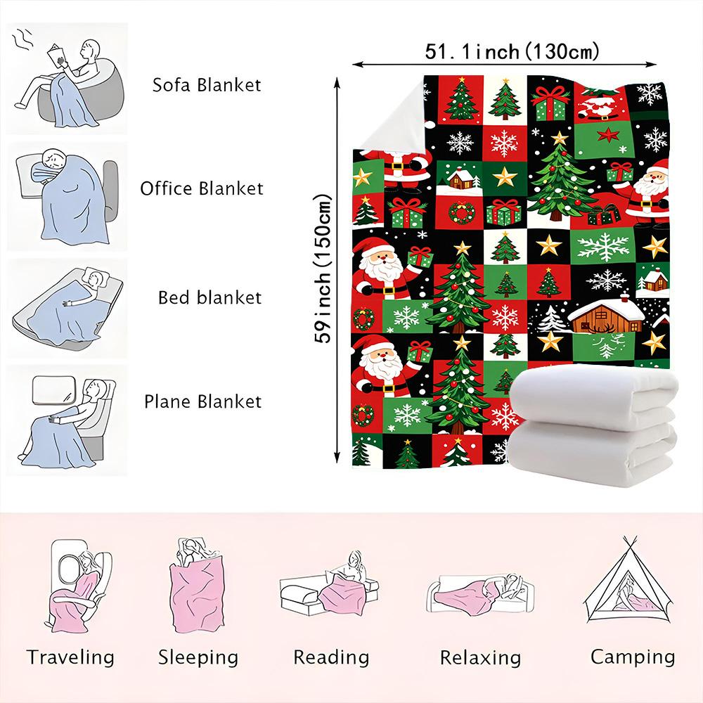 1PC Santa and Christmas Tree Print Blanket — Made of soft plush flannel, it's lightweight and durable, perfect for sofas, beds,