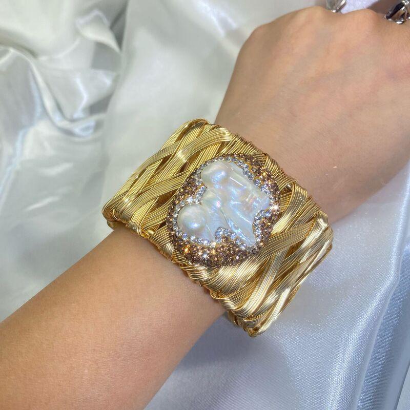 Natural Baroque Pearl Bracelet Women 18K Gold Plated Chunky Statement Cuff Jewelry Vintage Style