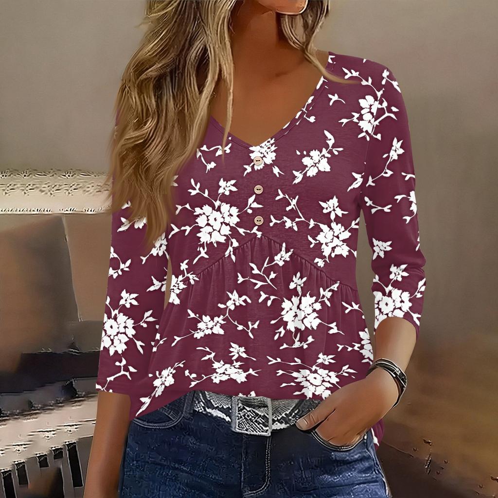 Womens 3/4 Sleeve V Neck Button Detail Floral Print Tunic Top Lightweight Casual Shirt