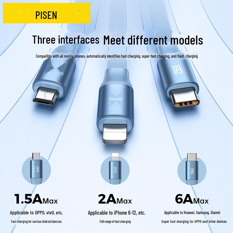 PISEN 100W Retractable 3-in-1 Cable for Apple & Huawei Fast Charging