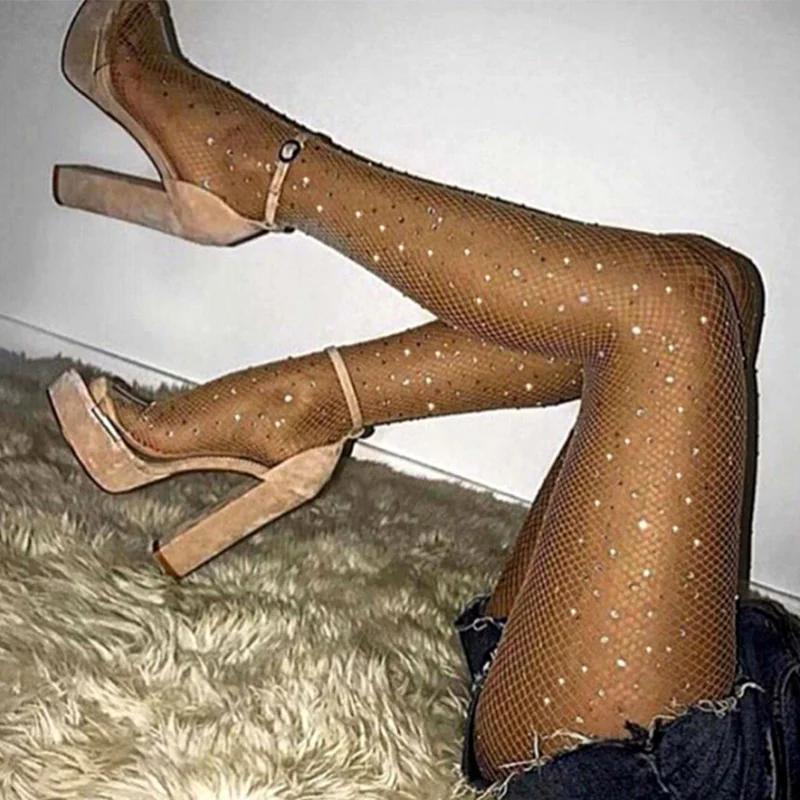 Sommer Fishnet Diamant Strumpfhosen Frauen Sexy Mode Shiny Net Strumpfhosen Weibliche Dünne Strass Mesh Nylon Strümpfe Strumpfhosen One Size brown