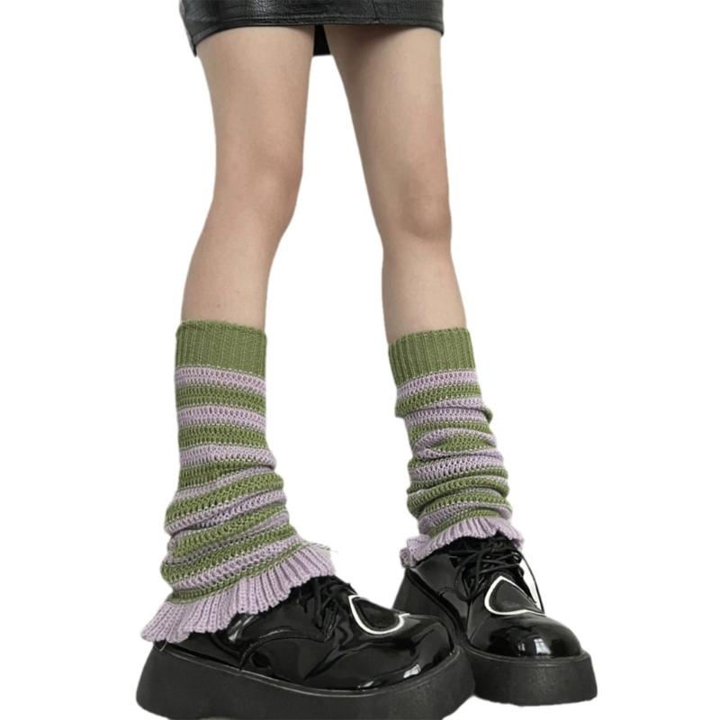Girls Lolitas Leg Warmers Y2K Stripe Knitted Flared Leg Sleeves Goth Baggy Cuff Ankle Heap Socks JK Uniform Foot Cover