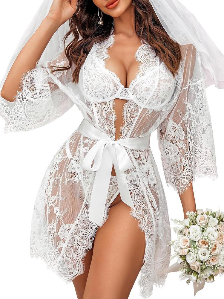 New Sexy Lace Transparent Ruffles Robe Women Lingerie See-Through Babydolls Underwear Sleepwear Night Dress Erotic Sex Clothes