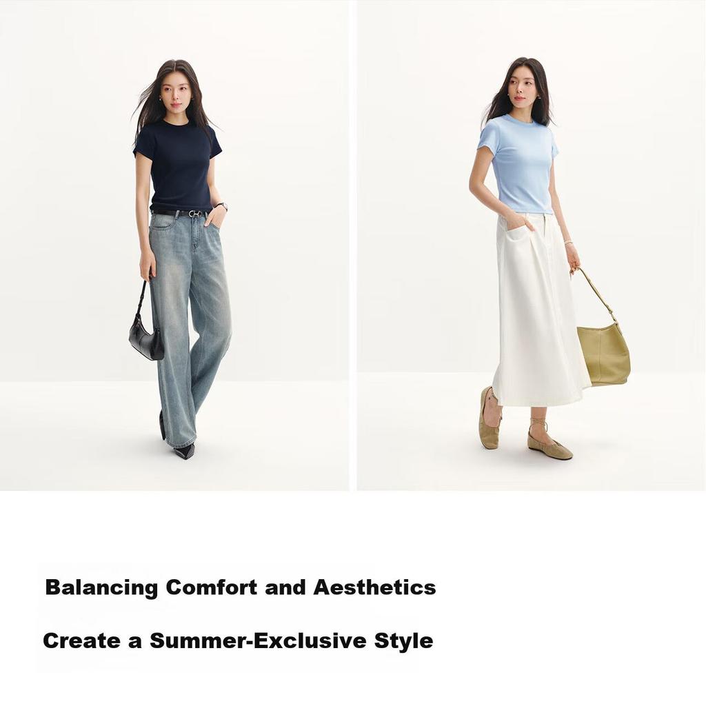 Semir Cooling Short Sleeve T-Shirt Women Summer Slim Fit Regular Shoulder Crew Neck Top 2026 Pullover