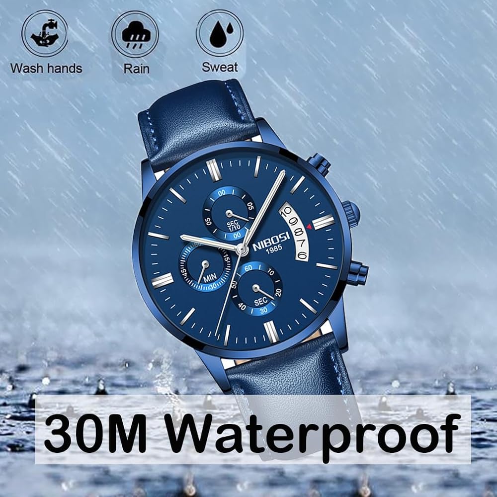 Nibosi Men's Chronograph Watch Blue Leather Strap Waterproof Analog Casual Big Face