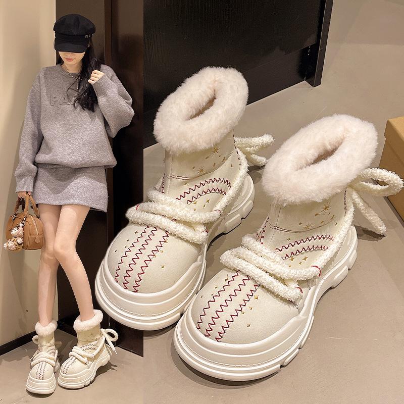 Women's Thick Bottom Lace-up Hairy Mouth Winter Lightweight Warm Anti-cold Padded Snow Boots Non-slip Wear Casual Sneakers Cotton Boots