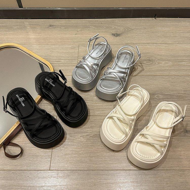French muffin thick-soled simple temperament with sandals women's shoes 2025 new summer height-increasing Roman shoes