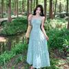 French Temperament Cold Feeling Green Floral Suspender Dress Women's Design Feeling Waist and Thin Seaside Vacation Dress