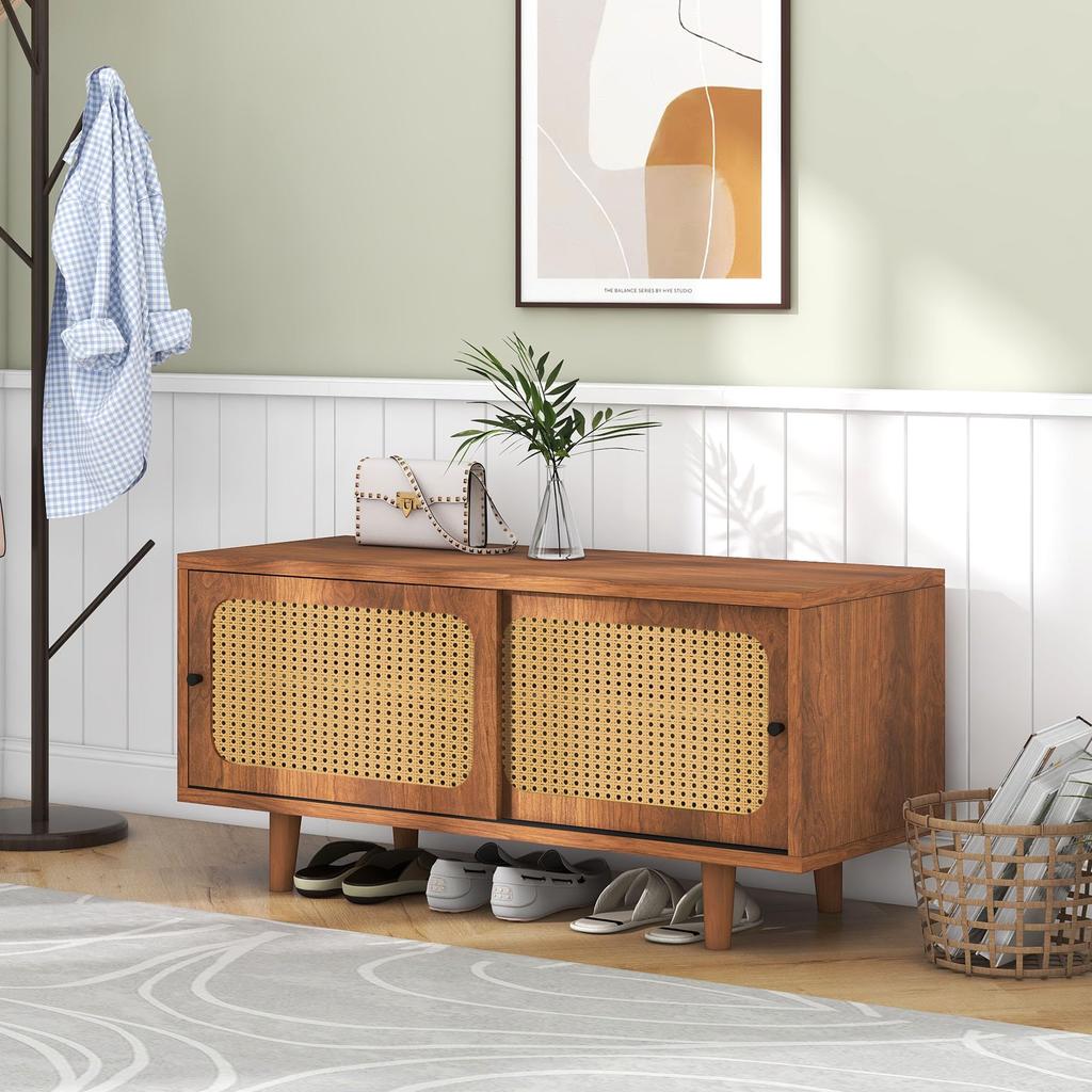 Schuhschrank 2 Türen verstellbare Ablage, Schuhregal Flur, Diele, Wohnzimmer, Schlafzimmer, Holzmöbel, Landhausstil, 104 x 40 x 48 cm, Nussbaum