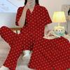 Big Red Love Light Luxury Pajamas Women's Spring and Summer Short-sleeved Trousers Festive Wedding Loungewear Imitation Cotton Three-piece Set