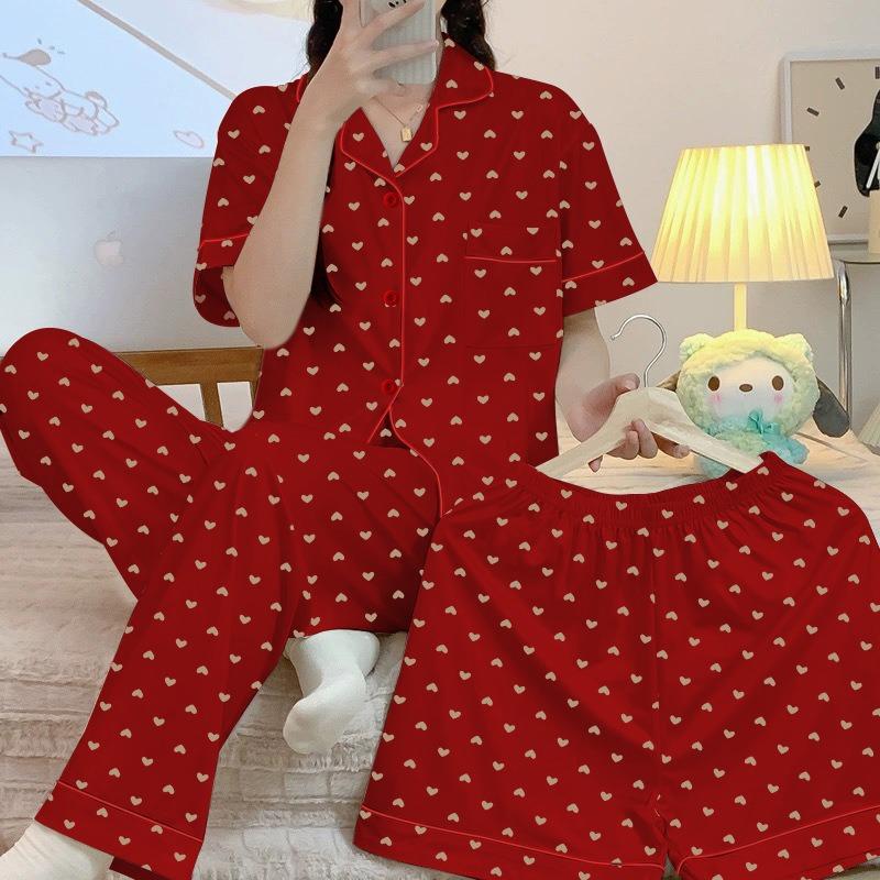 Big Red Love Light Luxury Pajamas Women's Spring and Summer Short-sleeved Trousers Festive Wedding Loungewear Imitation Cotton Three-piece Set