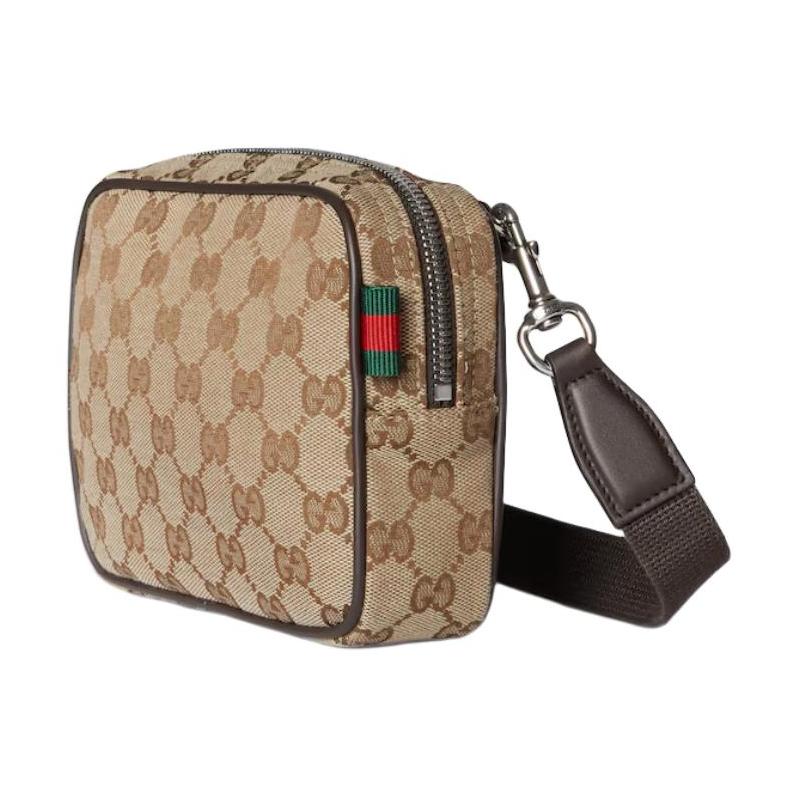 Gucci Classic Double G Pattern Design Zipper Closure GG Canvas Shoulder Bag Mini Men's Beige and Dark Brown