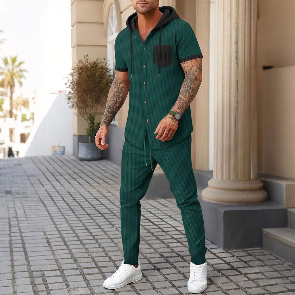 Men  Sports  Leisure  Waverg  Hooded  Hood  Short  Sleeves  Trousers  Set