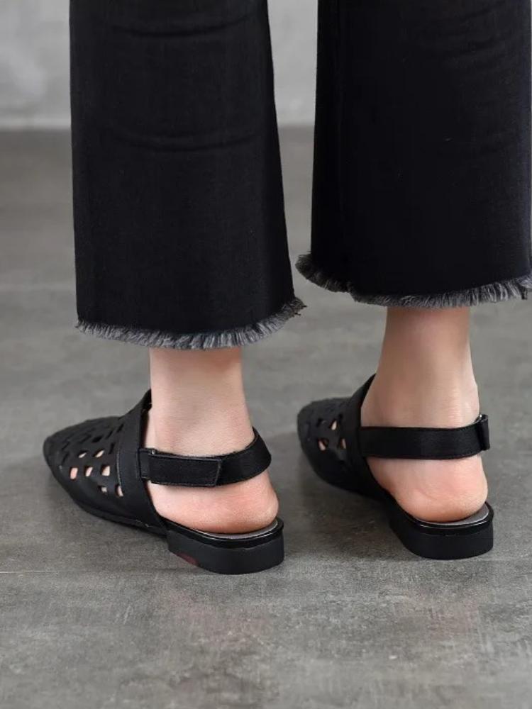 Johnature Real Leather Low Heel Sandals Woven Hollow Out Versatile Square Toe Commuting Women's Shoes