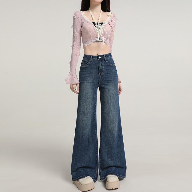 Fashion Micro-pull Jeans Women's 2026 Spring New Popular High Waist Wide Legs Loose and Thin Elastic Horn Pants