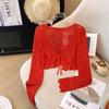Fresh and Thin Lace-up Short Blouse Top Women's French Design Hollow Crochet Knitted Sweater