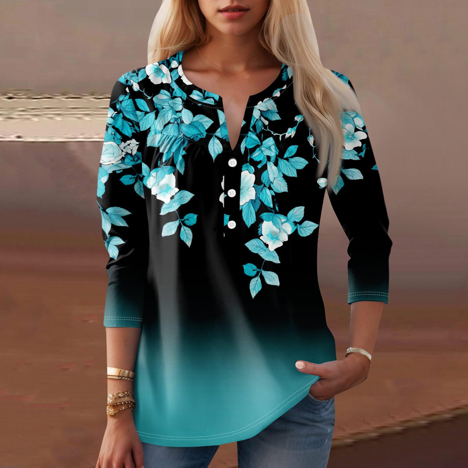 

Жіночий модний повсякденний топ з V-подібним вирізом і квітковим принтом з рукавом три чверті XL