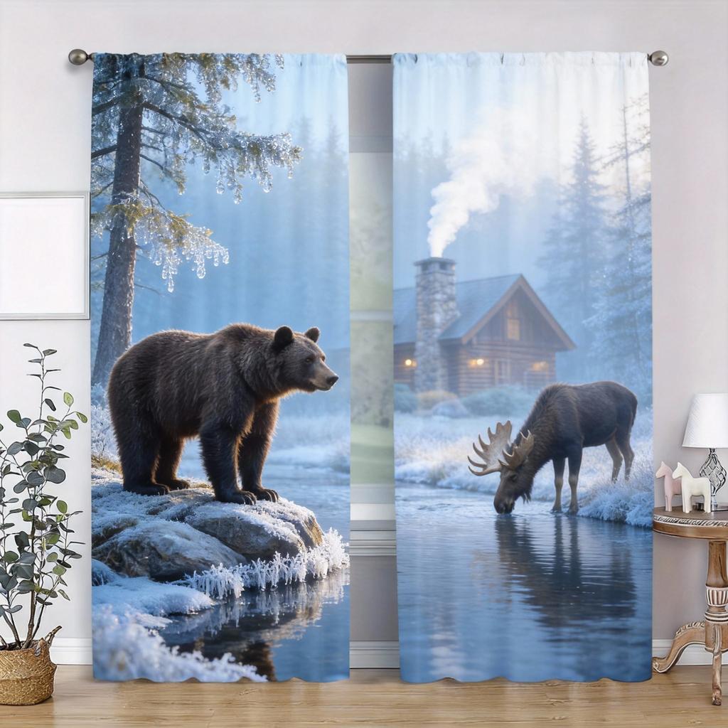 Wildlife Forest Curtains 2pcs – Black Bear & Moose in Autumn Woods, Rustic Cabin Scene for Bedroom and Living Room Decor