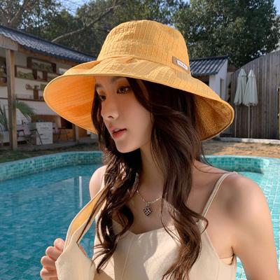 Summer New Hat Women's Plaid Labeling Bucket Hat Sun Protection Sun Hat Adjustment Drawstring Folding Sun Hat