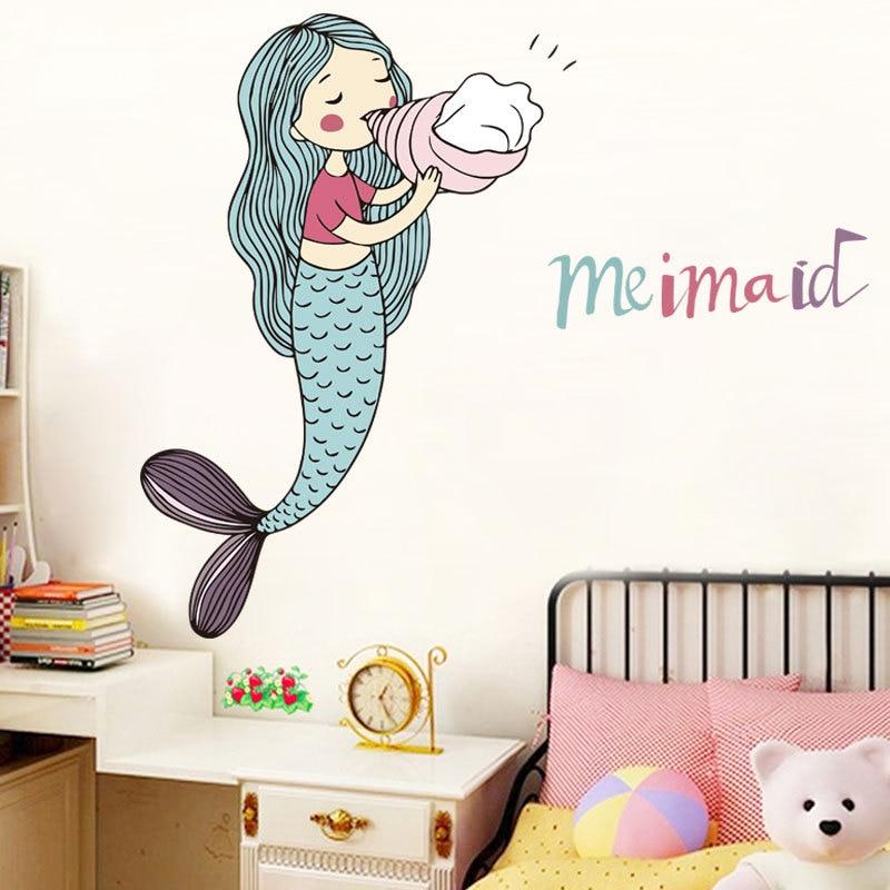 Sirene De Dessin Anime Soufflant L Autocollant De Mur De Conque Bebe Fille Decorations De Chambre A Coucher De Papier Peint Mural Autocollants De Sirene De Pepiniere Acheter A Prix Bas Livraison