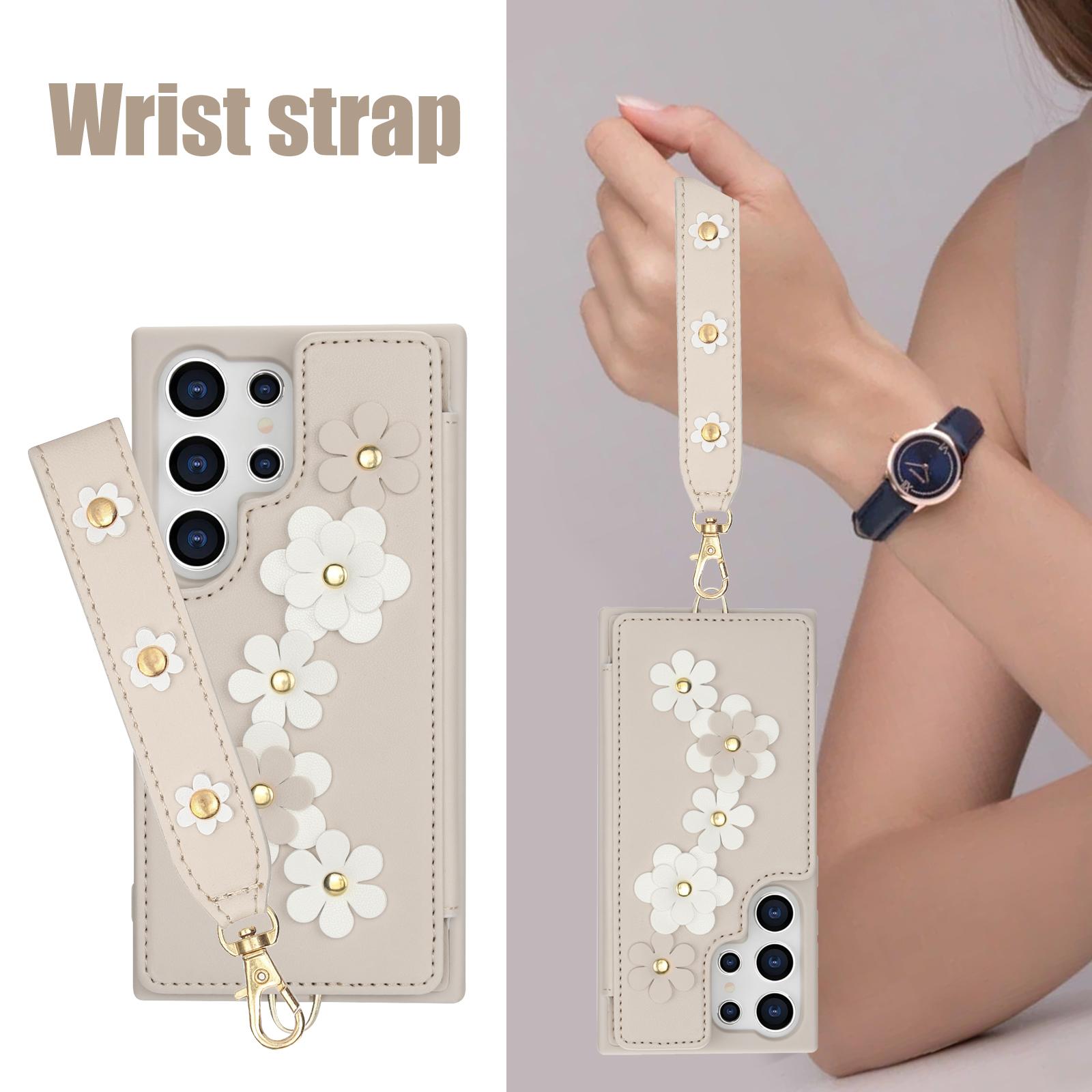 

Phone Case for Samsung Galaxy S25 Ultra Edge S24 Plus S23 FE S22 A06 A07 A26 A17 Flower Card Wallet Hand Strap Leather Cover Galaxy A26